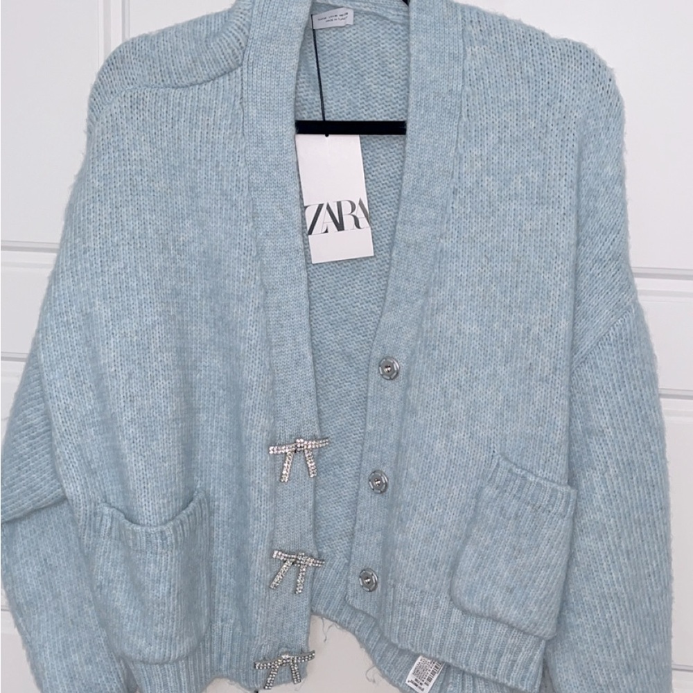 Zara Buttons Chunky Wool Blend rhinestone bow cardigan sweater